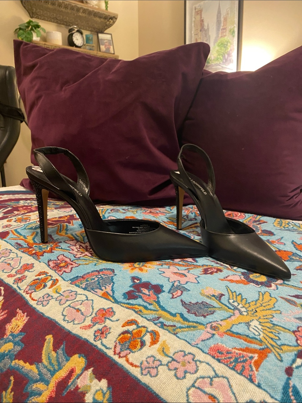 Karl Lagerfeld Black Pointed Slingback Sparkle Stiletto Heels